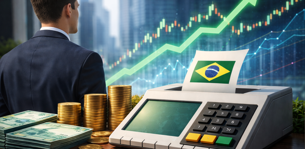 Homem observa gráficos financeiros e urna