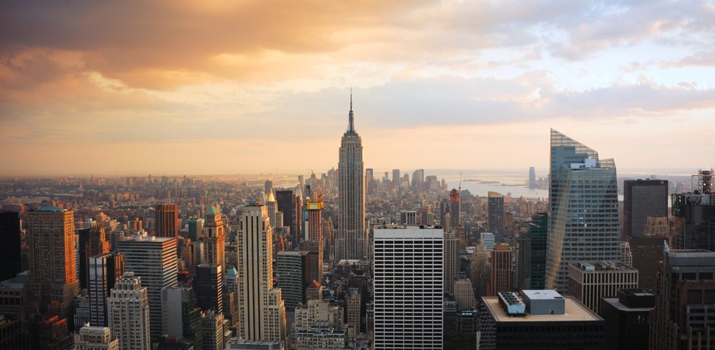 New York City Manhattan skyline at sunset with empire state building