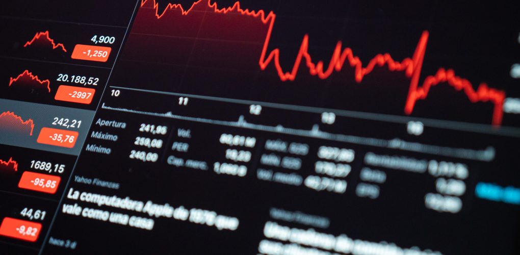 The screen showing data about the financial crisis because of the coronavirus